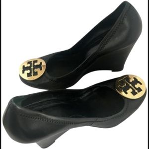 Tory Burch Black Leather Wedge w/ Gold Hardware